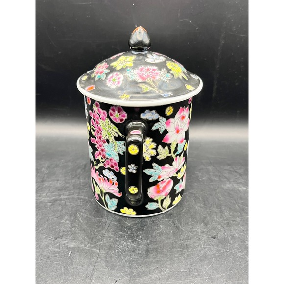 Chinese Mille Fleur Black Floral Mug Lid Asian Inspired Ceramic Tea Coffee Cup - Picture 3 of 9